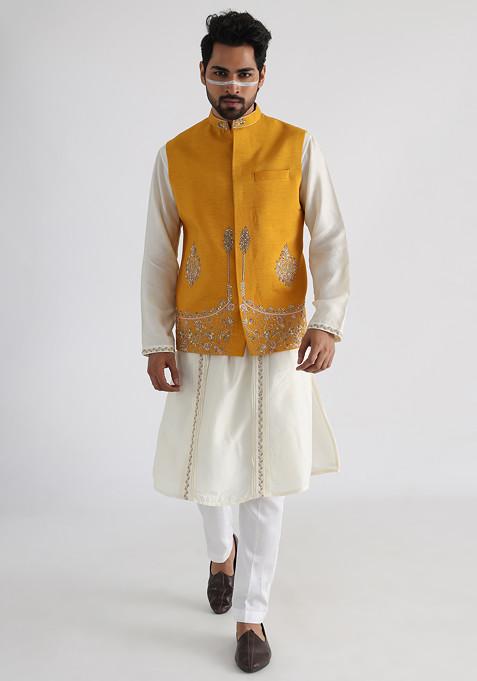 Off White And Yellow Hand Embroidered Silk Nehru Jacket Set For Men