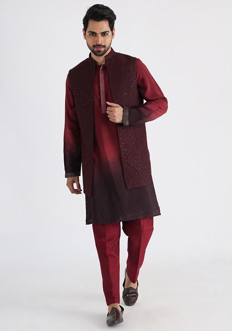 Maroon Hand Embroidered Silk Nehru Jacket Set For Men