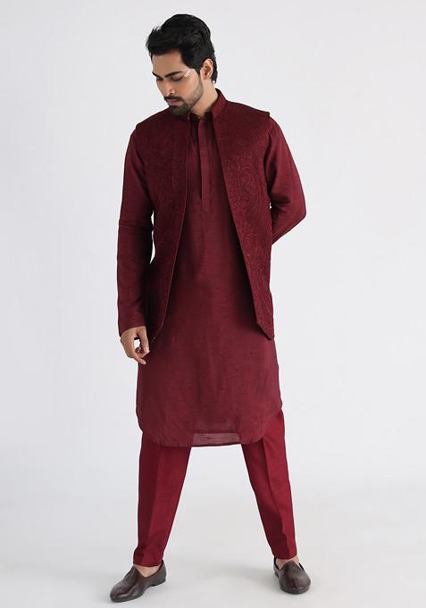 Dark Maroon Hand Embroidered Linen Satin Nehru Jacket Set For Men