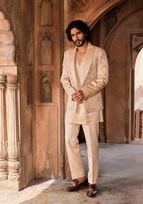 Beige Hand Embroidered Linen Silk Jacket Set For Men