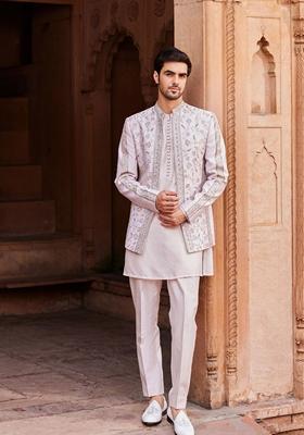 Ice Grey Hand Embroidered Raw Silk Jacket Set For Men