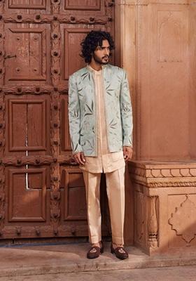 Sage Green Hand Embroidered Silk Jacquard Jacket Set For Men
