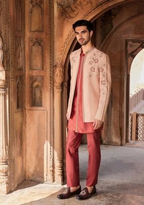 Dusty Pink Hand Embroidered Textured Silk Jacket Set For Men