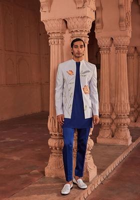 Powder Blue Hand Embroidered Pure Silk Jacket Set For Men