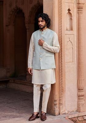 Aqua Blue Hand Embroidered Jacquard Silk Nehru Jacket Set For Men