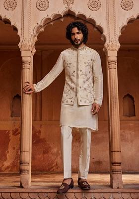 Cream Hand Embroidered Silk Organza Nehru Jacket Set For Men