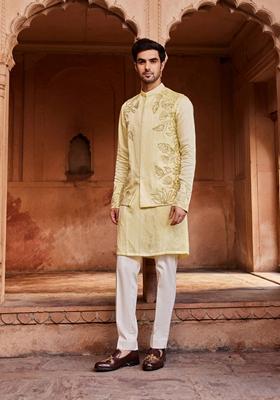 Lemon Yellow Hand Embroidered Linen Silk Nehru Jacket Set For Men