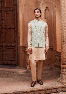 Sage Green Hand Embroidered Linen Silk Nehru Jacket Set For Men