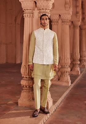 Ivory Hand Embroidered Jacquard Silk Nehru Jacket Set For Men