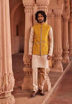 Mustard Hand Embroidered Textured Silk Nehru Jacket Set For Men
