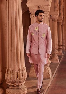 Rose Mauve Hand Embroidered Pure Silk Nehru Jacket Set For Men
