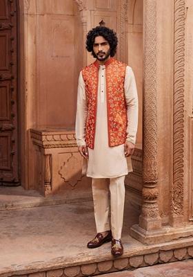 Rust Orange Hand Embroidered Linen Silk Nehru Jacket Set For Men