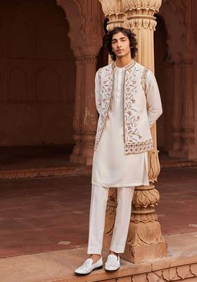 Ivory Hand Embroidered Raw Silk Nehru Jacket Set For Men