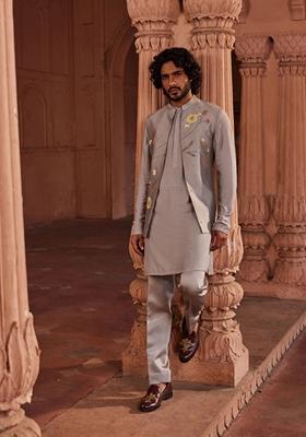 Olive Hand Embroidered Pure Silk Nehru Jacket Set For Men