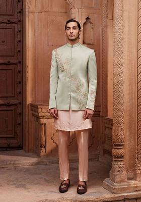 Sage Green Hand Embroidered Jacquard Silk Jacket Set For Men