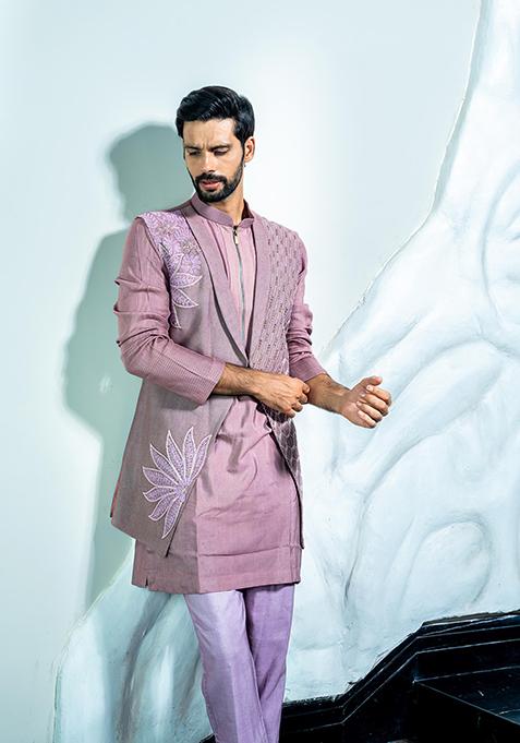 Pink Embroidered Silk Kurta Jacket Set For Men