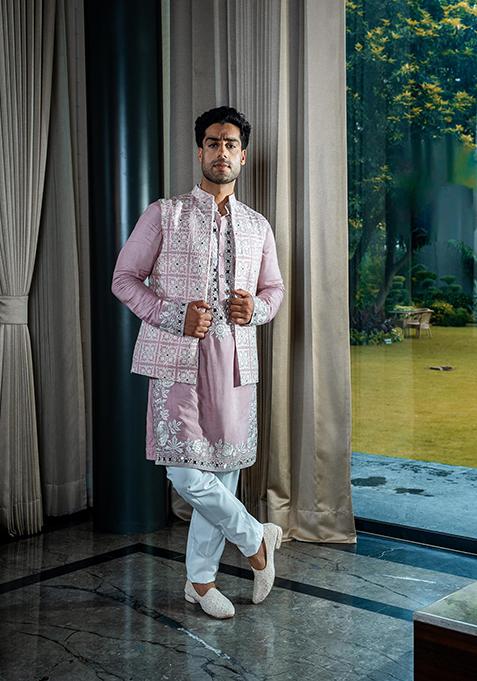 Pink Embroidered Silk Kurta Jacket Set For Men