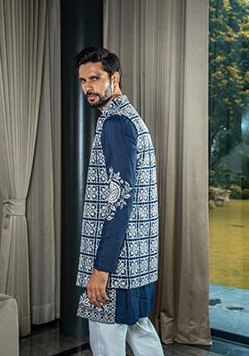 Dark Blue Embroidered Silk Kurta Jacket Set For Men