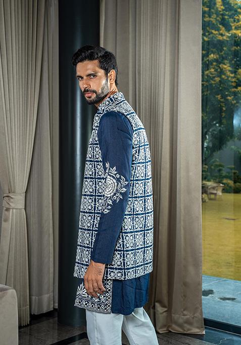 Dark Blue Embroidered Silk Kurta Jacket Set For Men