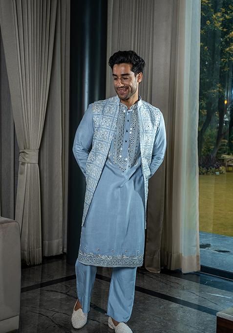 Ice Blue Embroidered Silk Kurta Jacket Set For Men