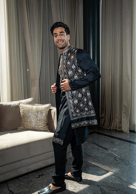 Black Embroidered Silk Kurta Jacket Set For Men