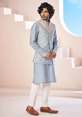 Powder Blue Embroidered Cotton Satin Nehru Jacket Set For Men