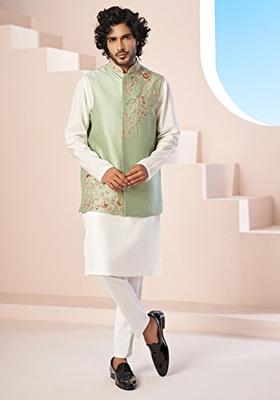 Olive Green Hand Embroidered Dupion Silk Nehru Jacket Set For Men