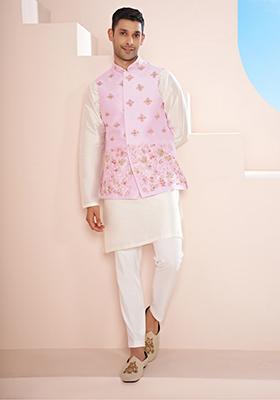 Lavender And Pink Hand Embroidered Dupion Silk Nehru Jacket Set For Men