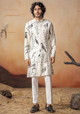 White Printed Cotton Satin Nehru Jacket Set For Men