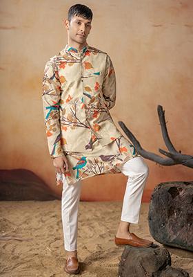 Beige Printed Cotton Satin Nehru Jacket Set For Men