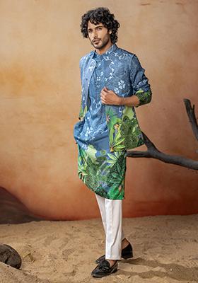Blue Printed Russian Silk Nehru Jacket Set For Men