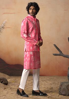 Coral Pink Printed Russian Silk Nehru Jacket Set For Men