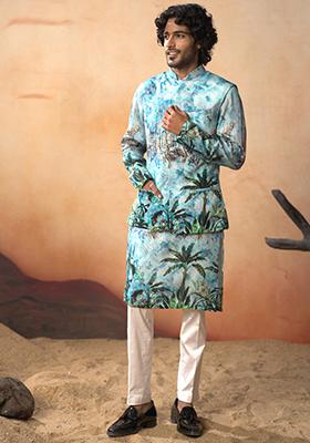 Aqua Blue Printed Russian Silk Nehru Jacket Set For Men