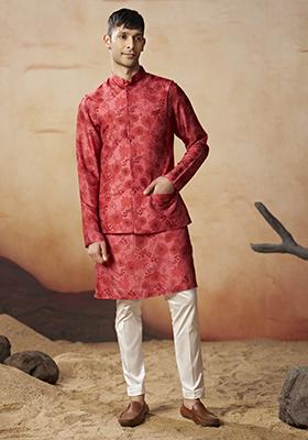 Red Printed Russian Silk Nehru Jacket Set For Men