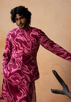 Vibrant Pink Printed Cotton Satin Nehru Jacket Set For Men