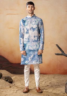 Blue Printed Cotton Satin Nehru Jacket Set For Men