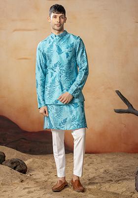 Blue Printed Cotton Satin Nehru Jacket Set For Men