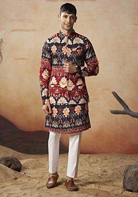 Navy Blue And Red Printed Cotton Satin Nehru Jacket Set For Men