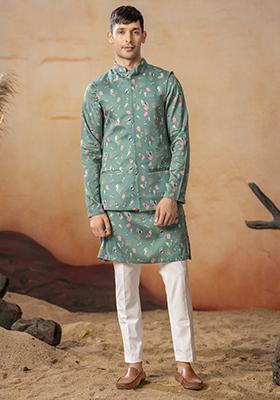 Green Printed Cotton Satin Nehru Jacket Set For Men