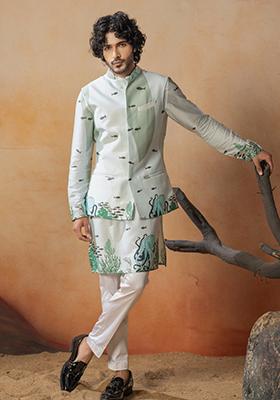 Sea Green Printed Cotton Satin Nehru Jacket Set For Men