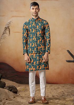 Green And Orange Printed Russian Silk Nehru Jacket Set For Men