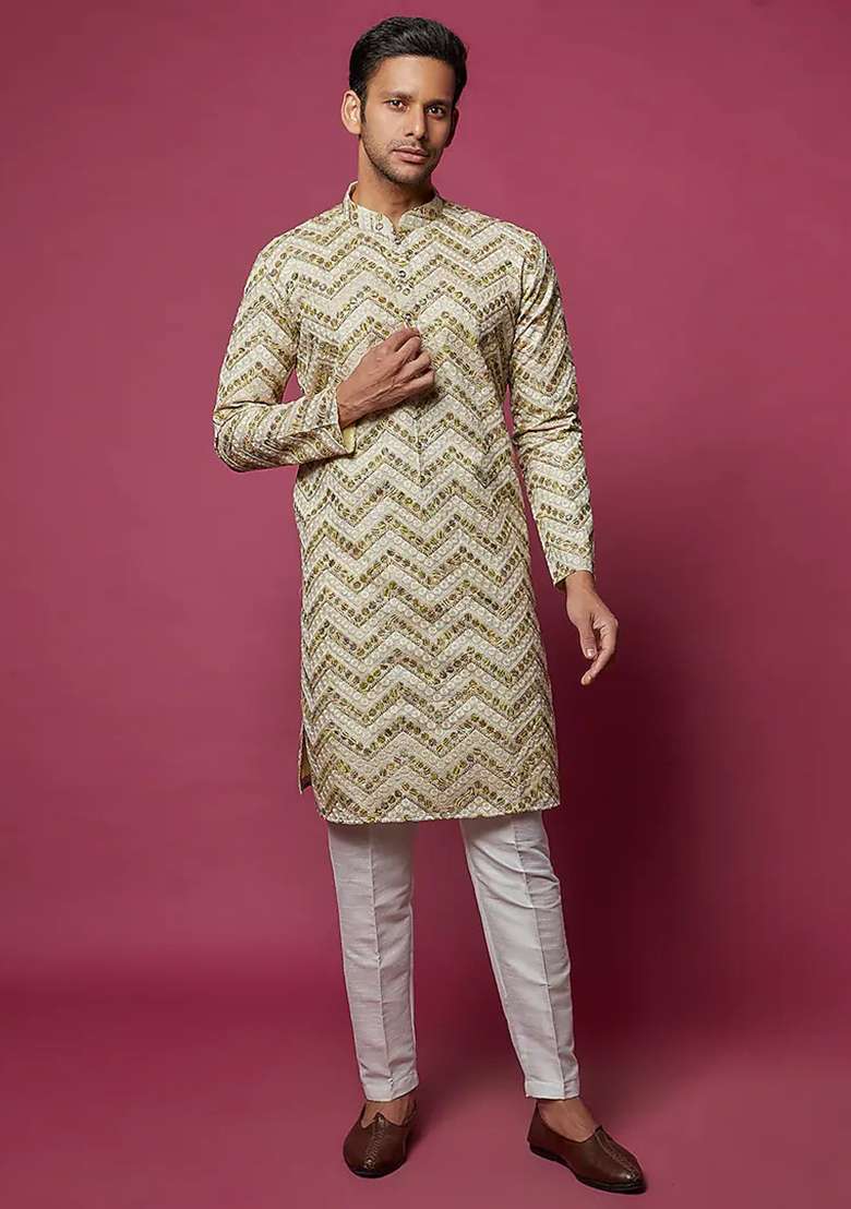 Beige And Green Chevron Print Embroidered Kurta Set For Men - Indya