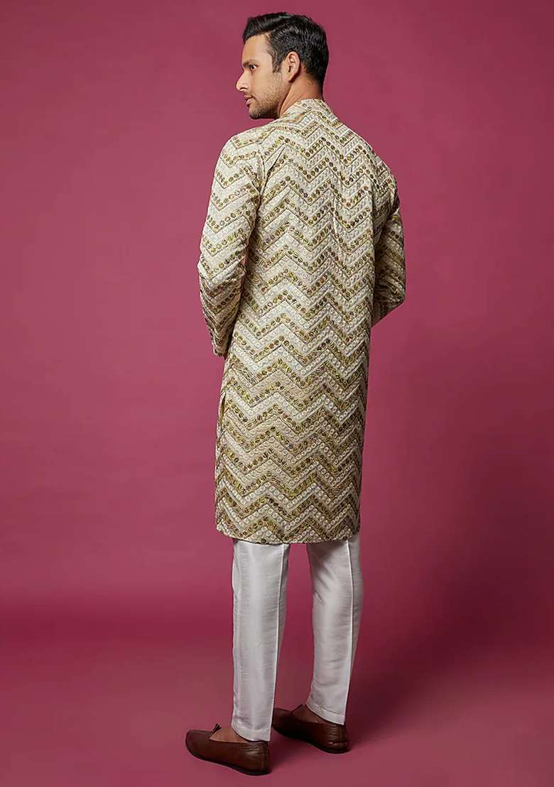 Beige And Green Chevron Print Embroidered Kurta Set For Men - Indya