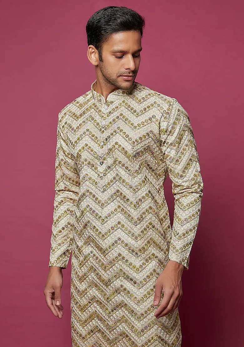 Beige And Green Chevron Print Embroidered Kurta Set For Men - Indya