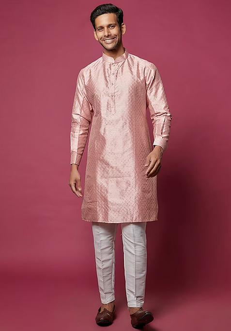 Blush Pink Sequin Thread Embroidered Kurta Set For Men