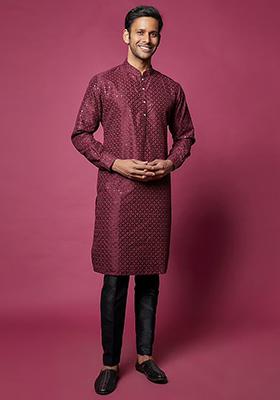 Maroon Sequin Thread Embroidered Kurta Set For Men
