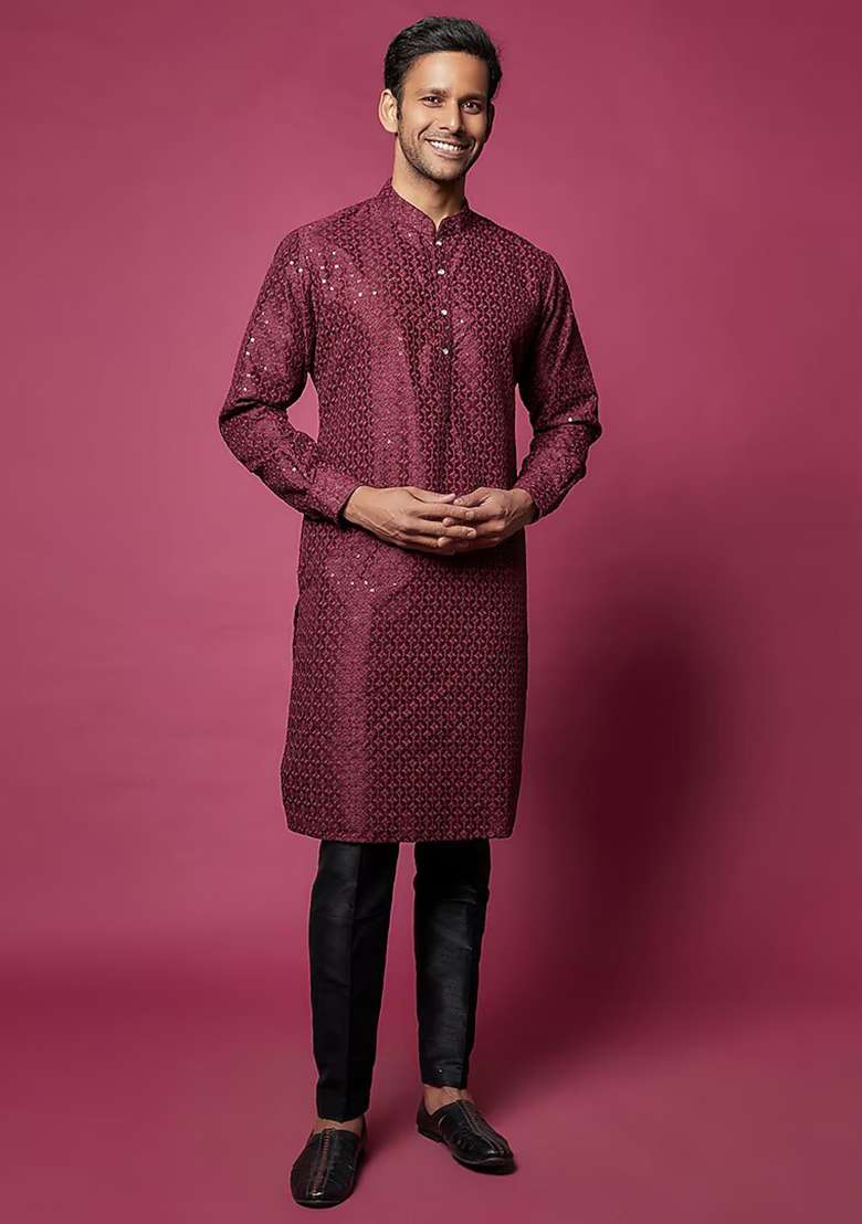 Maroon Sequin Thread Embroidered Kurta Set For Men - Indya