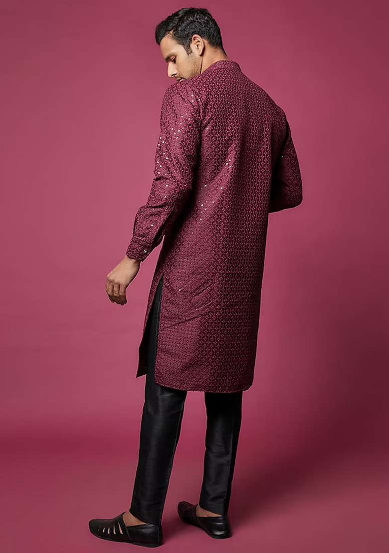 Maroon Sequin Thread Embroidered Kurta Set For Men - Indya