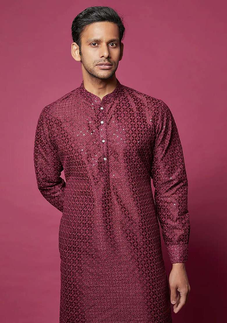 Maroon Sequin Thread Embroidered Kurta Set For Men - Indya