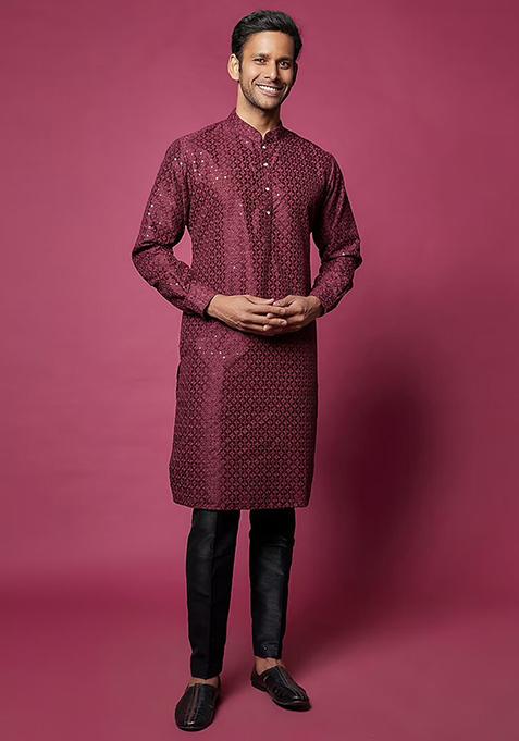 Maroon Sequin Thread Embroidered Kurta Set For Men